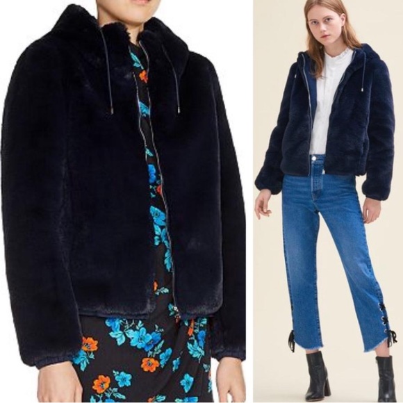 Maje Blue - Navy Faux Fur Hooded Bomber Style Jacket - Coat - Picture 2 of 9